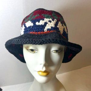 VTG Handmade Crocheted Cotton Bucket Hat Multi Colored Black Navy Red